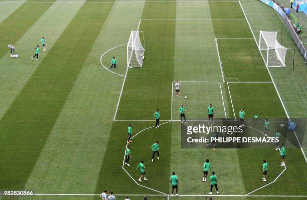 Saudi Arabia's players attend a training session at the Volgograd Arena in Volgograd on June 24 on the eve of the Russia 2018 World Cup Group A...