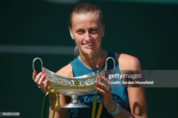 Petra Kvitova of the Czech Republic poses with the Trophy after her singles Final match against Magdalena Rybarikova of Slovakia during day nine of...