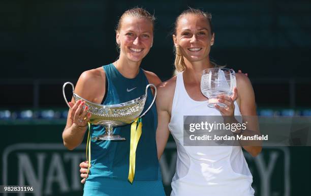 Tournament winner, Petra Kvitova of the Czech Republic and runner up Magdalena Rybarikova of Slovakia pose with their Trophies after the singles...