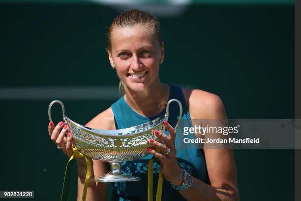 Petra Kvitova of the Czech Republic poses with the Trophy after her singles Final match against Magdalena Rybarikova of Slovakia during day nine of...