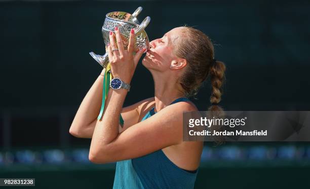 Petra Kvitova of the Czech Republic kisses the Trophy after her singles Final match against Magdalena Rybarikova of Slovakia during day nine of the...