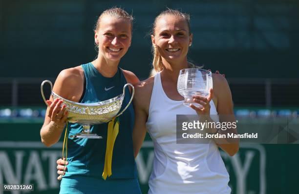 Tournament winner, Petra Kvitova of the Czech Republic and runner up Magdalena Rybarikova of Slovakia pose with their Trophies after the singles...