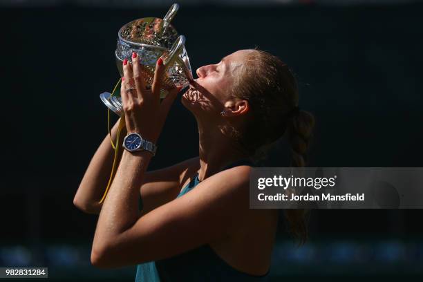 Petra Kvitova of the Czech Republic kisses the Trophy after her singles Final match against Magdalena Rybarikova of Slovakia during day nine of the...