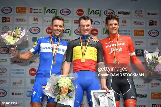 Belgian Philippe Gilbert of Quick-Step Floors winner of the silver medal, Belgian Yves Lampaert of Quick-Step Floors winner of the gold medal and...