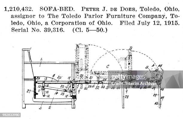 Patent drawing showing a sofa bed that unfolds by the Toledo Parlor Furniture Company, May 1916.