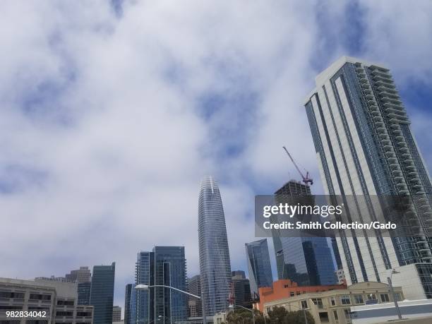 Low-angle view of the newly-constructed Salesforce Tower and other skyscrapers in downtown San Francisco, California, June 19, 2018.