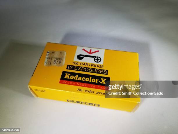 Close-up of yellow box of Kodak Kodacolor X color negative camera film in 126 format, with original price of 87 cents, February 21, 2018.