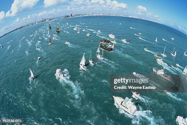 usa, miami, columbus festival, old and new boats, aerial fish eye - large group of objects sport stock pictures, royalty-free photos & images