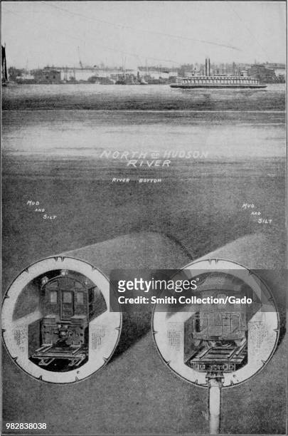 Black and white image depicting a cross-section view of two trains, running in tunnels set to the mud and silt of the bay, north of Hudson River,...