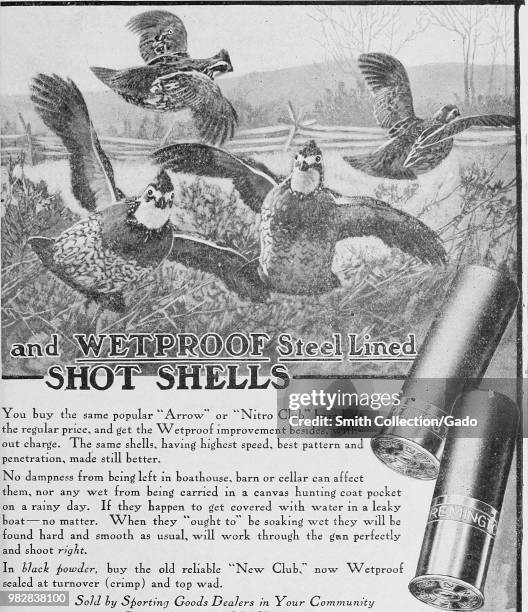 Black and white print advertisement, showing the right half of a two page campaign for Remington's UMC shotgun and "Wetproof steel lined shot shells,...