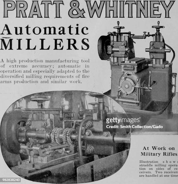Black and white print advertisement, showing a full size and close-up inset image of a Pratt and Whitney brand Automatic Miller machine, designed to...