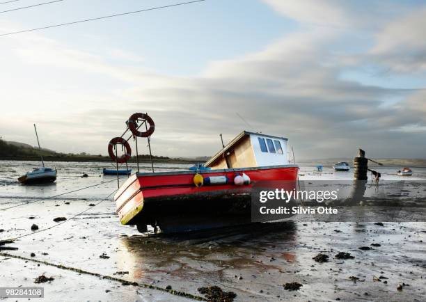 boat in montrose basin at low tide - marea baja fotografías e imágenes de stock