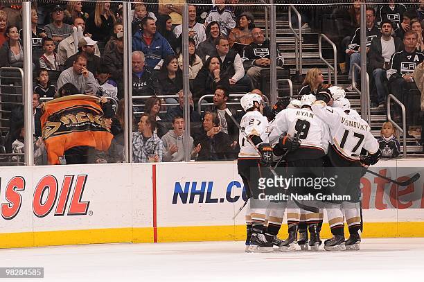 Scott Niedermayer, Bobby Ryan and Lubomir Visnovsky of the Anaheim Ducks celebrate a goal against the Los Angeles Kings on April 3, 2010 at Staples...