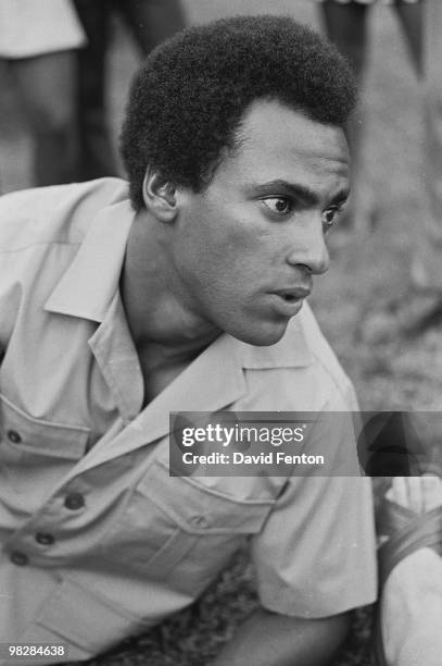 Portrait of Black Panther Party co-founder Huey P. Newton taken as he was being interviewed by a Liberation News Service reporter on the campus of...