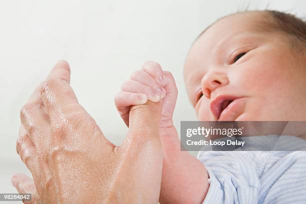 baby girl (0-4 weeks) holding father's hand - 0 1 mes fotografías e imágenes de stock