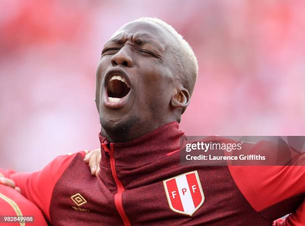 Luis Advincula of Peru sings the national anthem prior during the 2018 FIFA World Cup Russia group C match between France and Peru at Ekaterinburg...