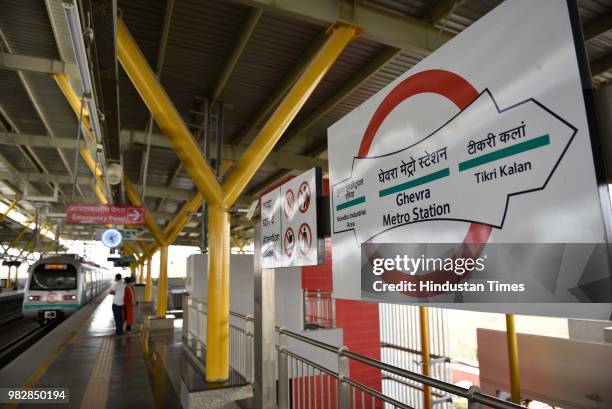 View of Delhi Metro's newly inaugurated Green Line Metro which opened for commuters travelling from Mundka to City Park Metro Station, on June 24,...