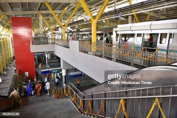 View of City Park Metro Station on the newly inaugurated Green Line Metro from Mundka to City Park Metro Station, on June 24, 2018 in New Delhi,...