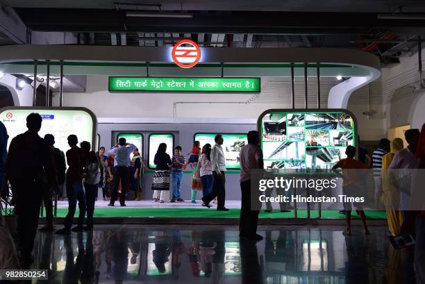 View of City Park Metro Station on the newly inaugurated Green Line Metro from Mundka to City Park Metro Station, on June 24, 2018 in New Delhi,...