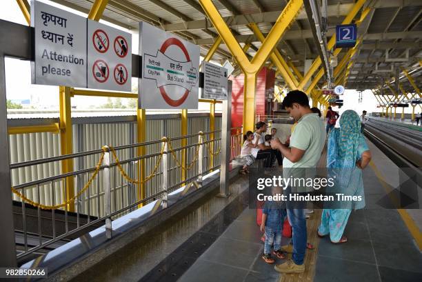 View of City Park Metro Station on the newly inaugurated Green Line Metro from Mundka to City Park Metro Station, on June 24, 2018 in New Delhi,...