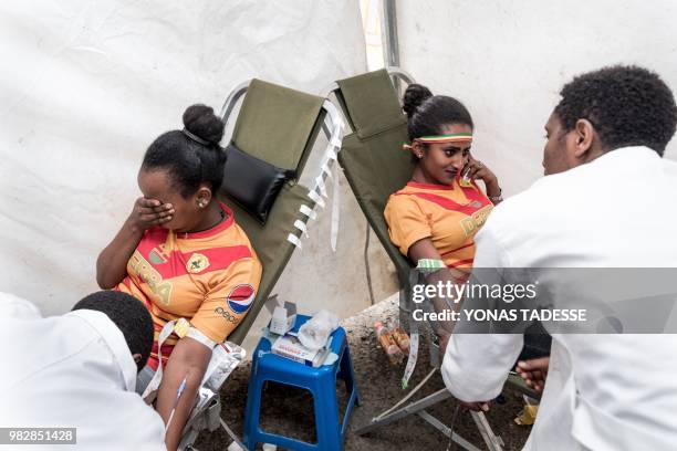 Supporters of Ethiopia's St. George Football Club, one of Addis Ababa's largest football team, donate blood at Ethiopia Red Cross in Addis Ababa, on...