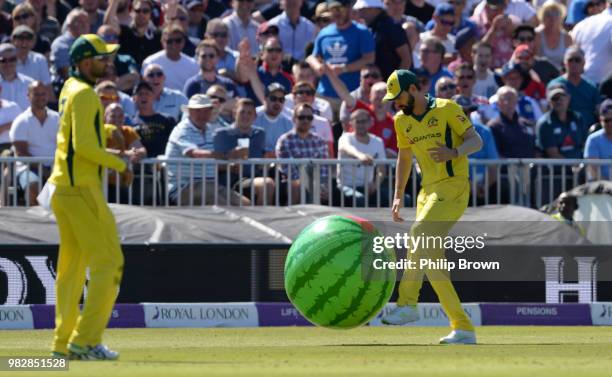 Kane Richardson of Australia with a beach ball during the fifth Royal London One-Day International match between England and Australia at Emirates...