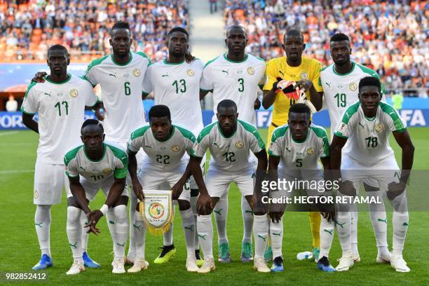 Senegal's players pose ahead of the Russia 2018 World Cup Group H football match between Japan and Senegal at the Ekaterinburg Arena in Ekaterinburg...