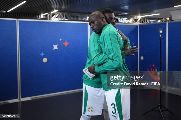Kalidou Koulibaly of Senegal hugs teammate Mbaye Niang in the tunnel prior to the 2018 FIFA World Cup Russia group H match between Japan and Senegal...