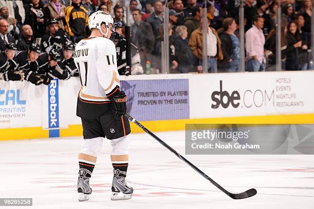 Saku Koivu of the Anaheim Ducks prepares to take a shot in the shootout against the Los Angeles Kings on April 3, 2010 at Staples Center in Los...