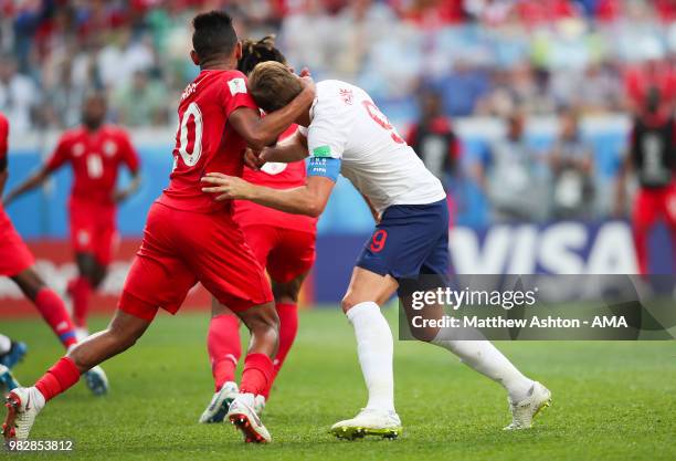 Anibal Godoy of Panama grabs hold of the neck of Harry Kane of England during the 2018 FIFA World Cup Russia group G match between England and Panama...