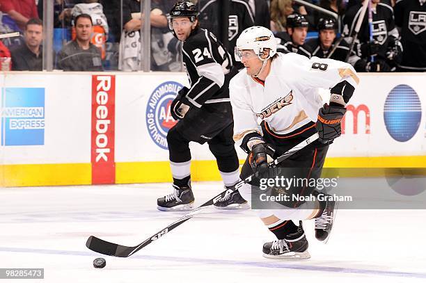 Teemu Selanne of the Anaheim Ducks skates with the puck against the Los Angeles Kings on April 3, 2010 at Staples Center in Los Angeles, California.