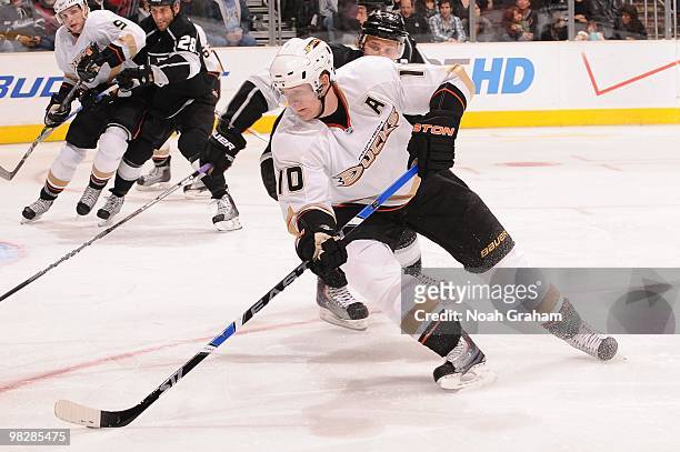 Corey Perry of the Anaheim Ducks skates with the puck against the Los Angeles Kings on April 3, 2010 at Staples Center in Los Angeles, California.