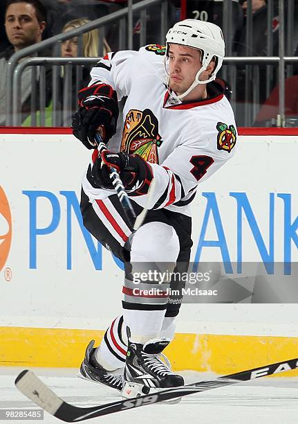 Niklas Hjalmarsson of the Chicago Blackhawks skates against the New Jersey Devils at the Prudential Center on April 2, 2010 in Newark, New Jersey....