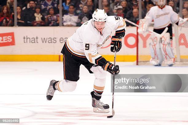 Bobby Ryan of the Anaheim Ducks skates with the puck against the Los Angeles Kings on April 3, 2010 at Staples Center in Los Angeles, California.