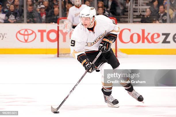 Bobby Ryan of the Anaheim Ducks skates with the puck against the Los Angeles Kings on April 3, 2010 at Staples Center in Los Angeles, California.