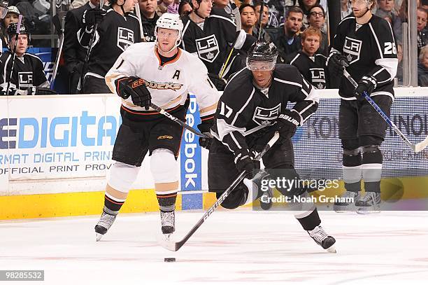 Wayne Simmonds of the Los Angeles Kings skates with the puck against the Anaheim Ducks on April 3, 2010 at Staples Center in Los Angeles, California.