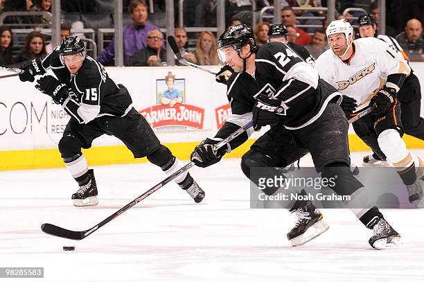 Alexander Frolov of the Los Angeles Kings skates with the puck against the Anaheim Ducks on April 3, 2010 at Staples Center in Los Angeles,...
