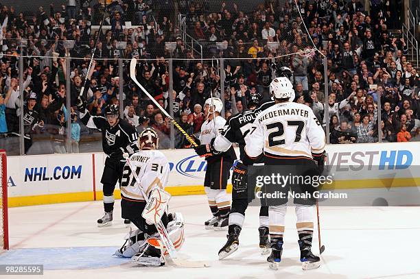 Anze Kopitar and Alexander Frolov of the Los Angeles Kings react after a goal against the Anaheim Ducks on April 3, 2010 at Staples Center in Los...