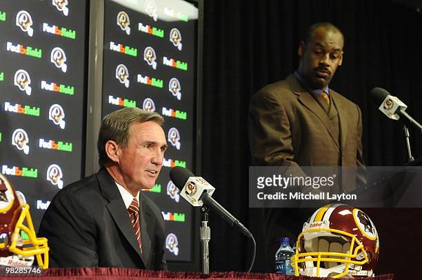 Mike Shanahan, head coach of the Washington Redskins, answers questions during a press conference introducing Donovan McNabb to the media on April 6,...