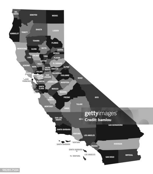 detaillierte karte der calfornia staat mit county-divisionen - province stock-grafiken, -clipart, -cartoons und -symbole