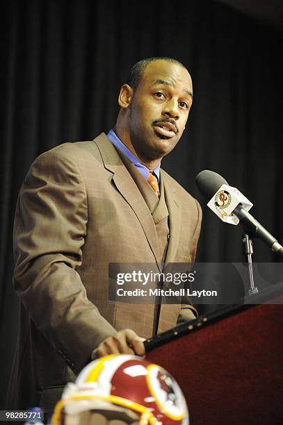 Donovan McNabb speaks at a press conference where he was introduced by the Washington Redskins on April 6, 2010 at Redskin Park in Ashburn, Virginia.