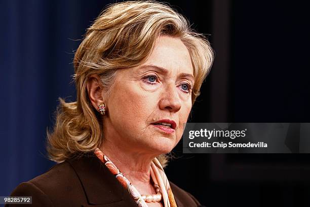 Secretary of State Hillary Clinton answers reporters' questions about the new Nuclear Posture Review during a news briefing about the report at the...