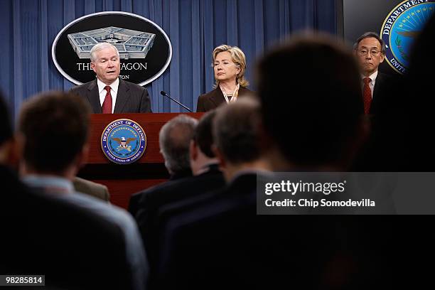 Defense Secretary Robert Gates, Secretary of State Hillary Clinton and Energy Secretary Steven Chu hold a news briefing about the new Nuclear Posture...