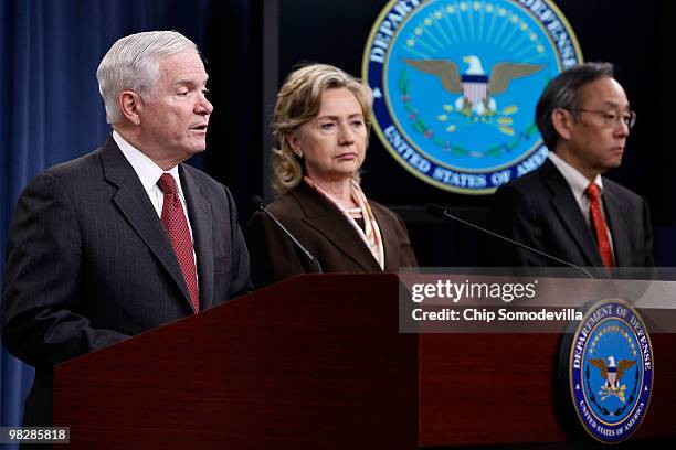 Defense Secretary Robert Gates, Secretary of State Hillary Clinton and Energy Secretary Steven Chu hold a news briefing about the new Nuclear Posture...