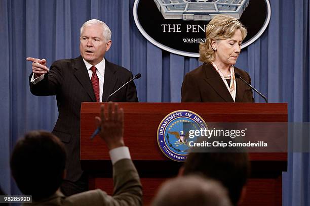 Defense Secretary Robert Gates calls on reporters during a news briefing about the new Nuclear Posture Review with Secretary of State Hillary Clinton...