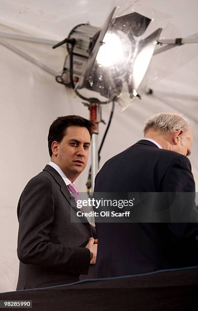 Environment Secretary Ed Miliband waits to give a television interview near Parliament on April 6, 2010 in London, England. Prime Minister Gordon...