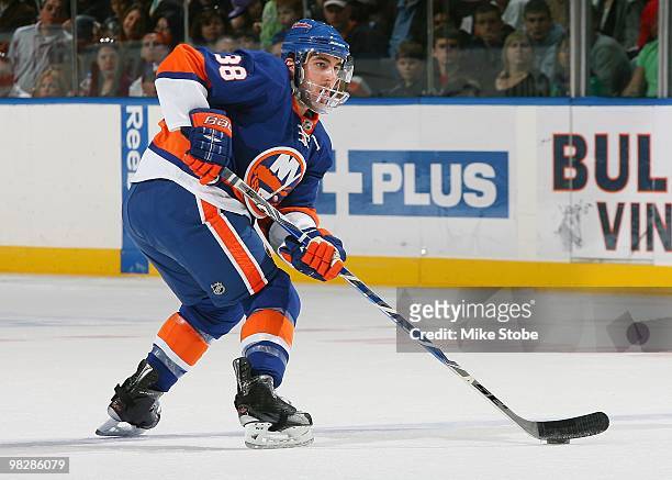 Jack Hillen of the New York Islanders skates against the Ottawa Senators on April 3, 2010 at Nassau Coliseum in Uniondale, New York. Islanders...