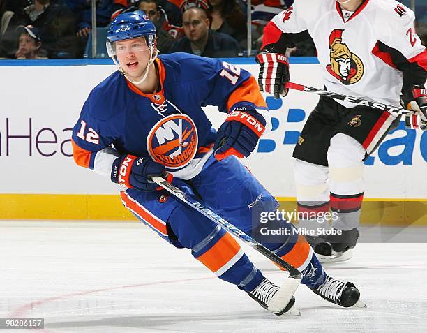 Josh Bailey of the New York Islanders skates against the Ottawa Senators on April 3, 2010 at Nassau Coliseum in Uniondale, New York. Islanders...