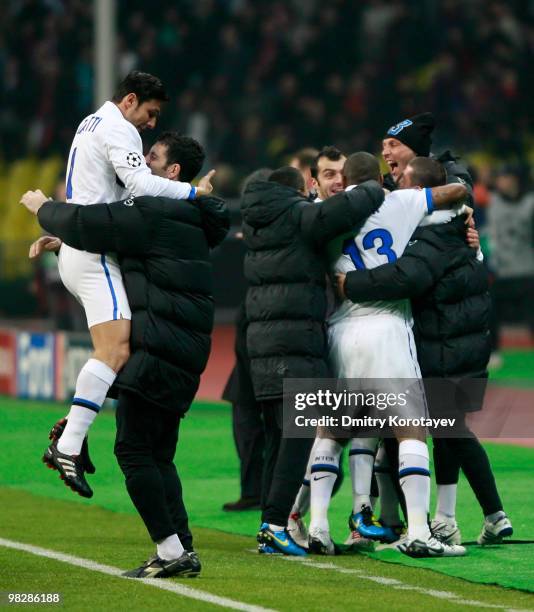 Players of FC Internazionale Milano celebrate after scoring a goal during the UEFA Champions League Quarter Finals, Second Leg match between CSKA...