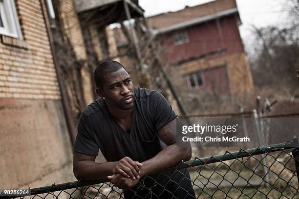 New York Jets Darrelle Revis poses for a portrait in the backyard of the house he grew up in on March 10, 2010 in Aliquippa, Pennsylvania.